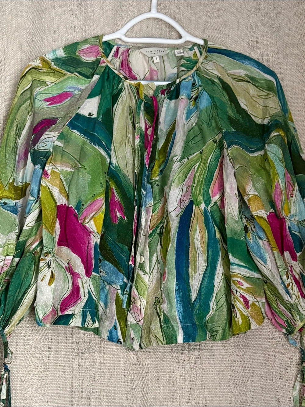 Ted Baker Multicolor Floral Pintuck Tie-Neck Blouse